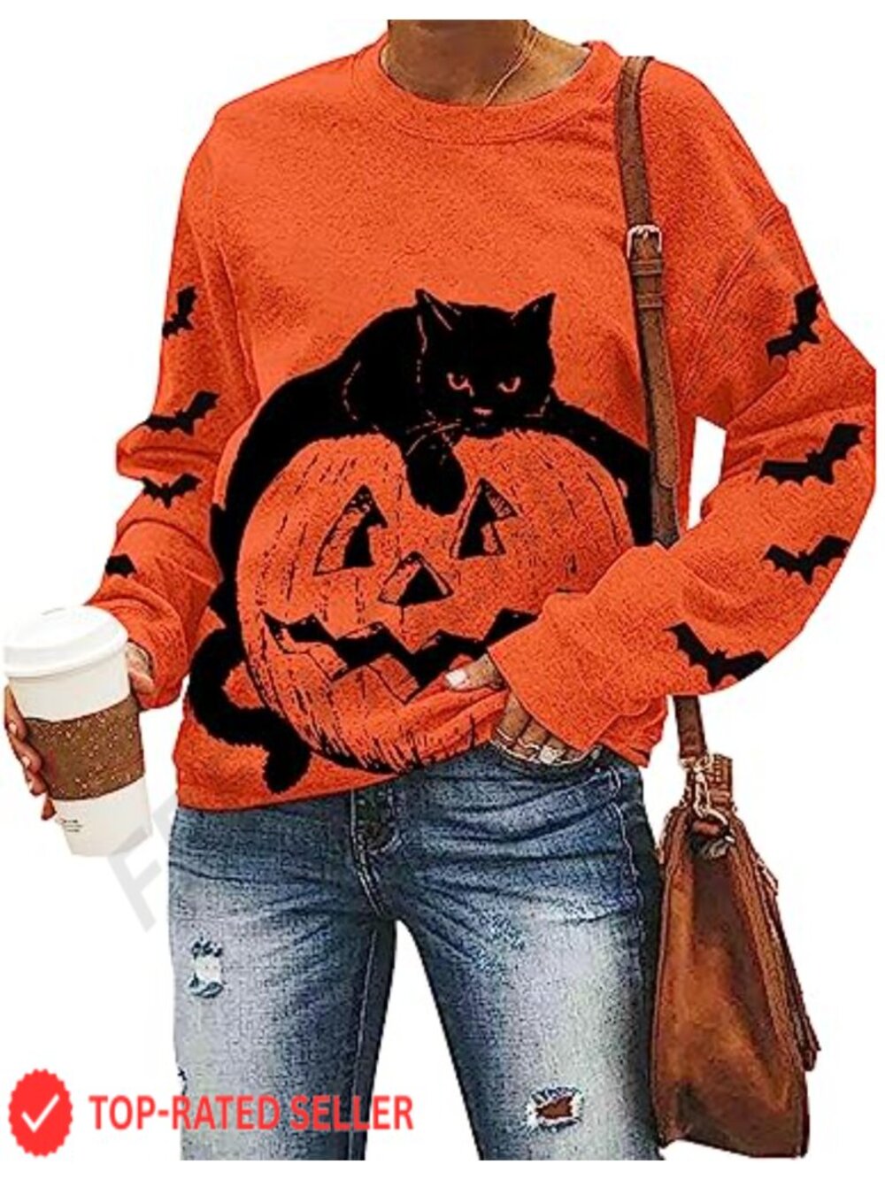 Women's Black Cat Pumpkin Sweatshirt Halloween Pullover Crew Neck